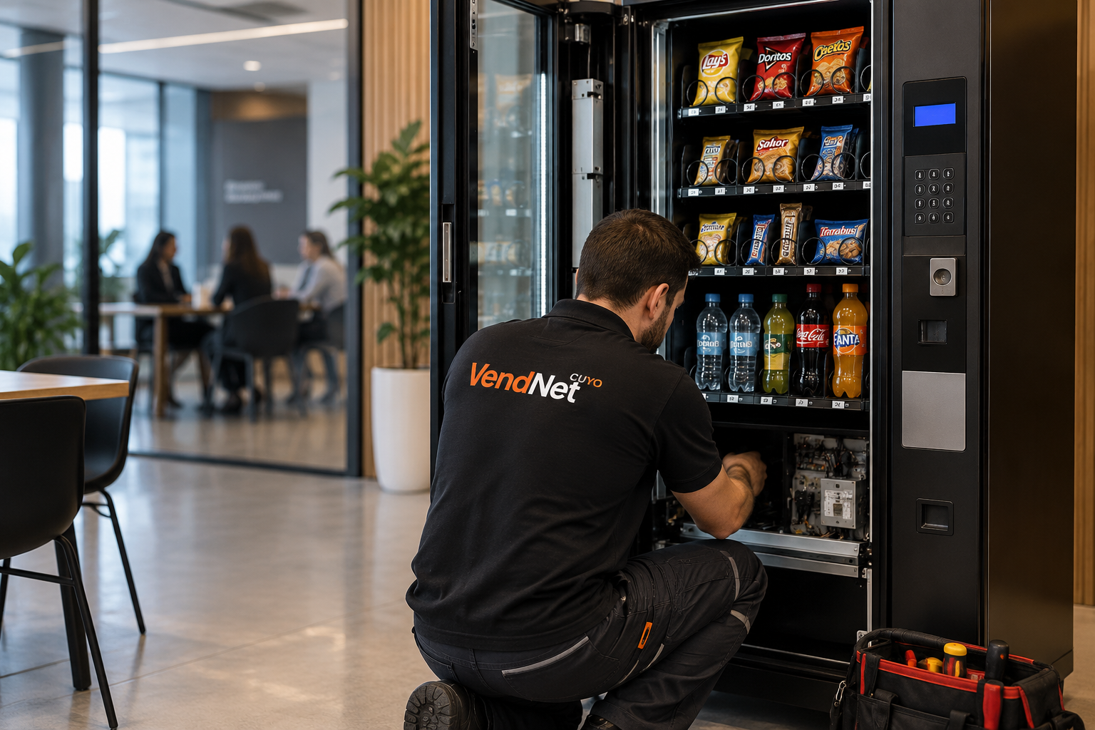 Técnico de VendNet trabajando en una máquina vending